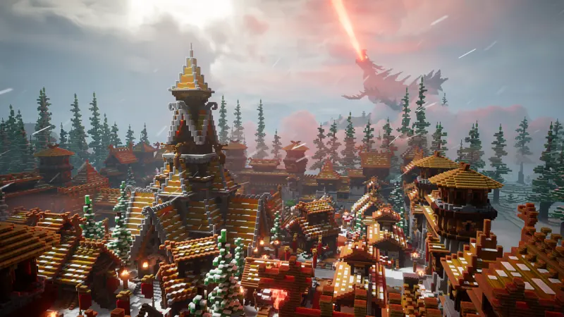 Midgard, a wooden village in a pine forest under a red dragon