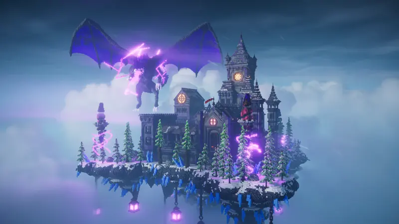 Wyvern Citadel, a dark castle on a floating island guarded by a purple dragon